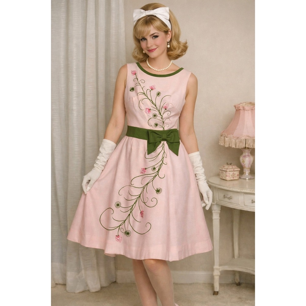 Vintage‎ Cover Girl Miami Pink Embroidered Floral Sheath Dress 50s Sleeveless 12